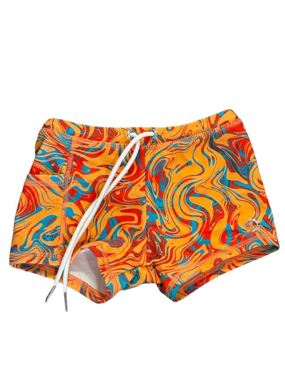 SwimZip Kids Swim Trunks - Orange with Teal & Red Swirl